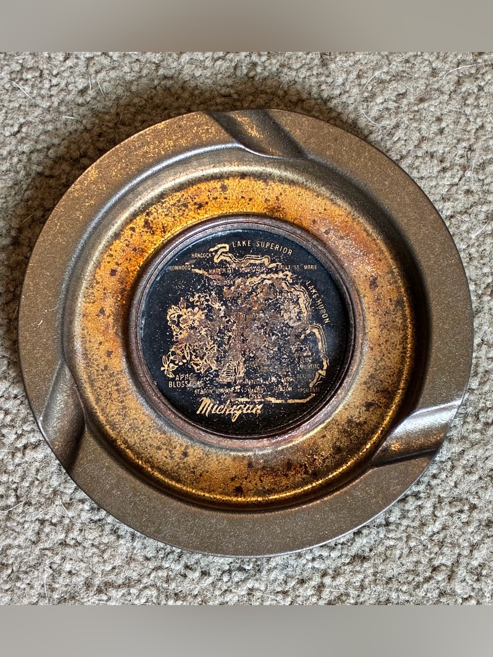 Metallic Michigan Map Decorative Metal Tin Dish in Brass Tones Vintage Tray